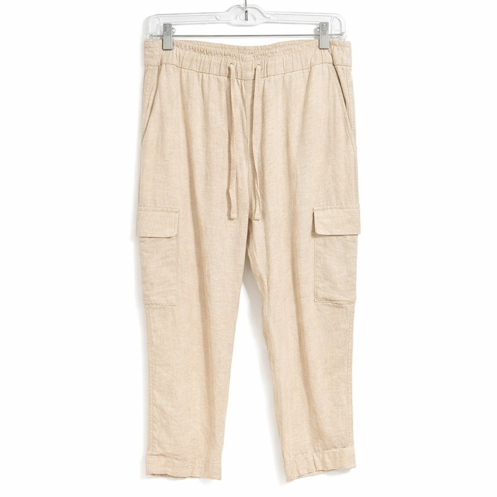GAP Linen Blend Cargo Pants M Beige Elastic Waist Drawstring Coastal Minimalist